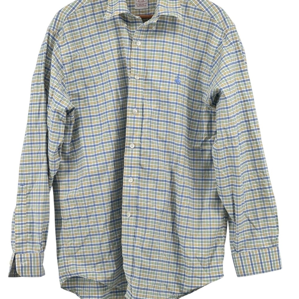 Brooks Brothers Non-Iron‎ Supima Cotton Plaid Button Down Shirt Mens Large Blue